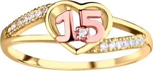 Cherished Moments Sterling Silver with Gold-Plating Heart Ring for Quinceaera Gift, "Sweet 15" Present with 15 Sparkling CZs
