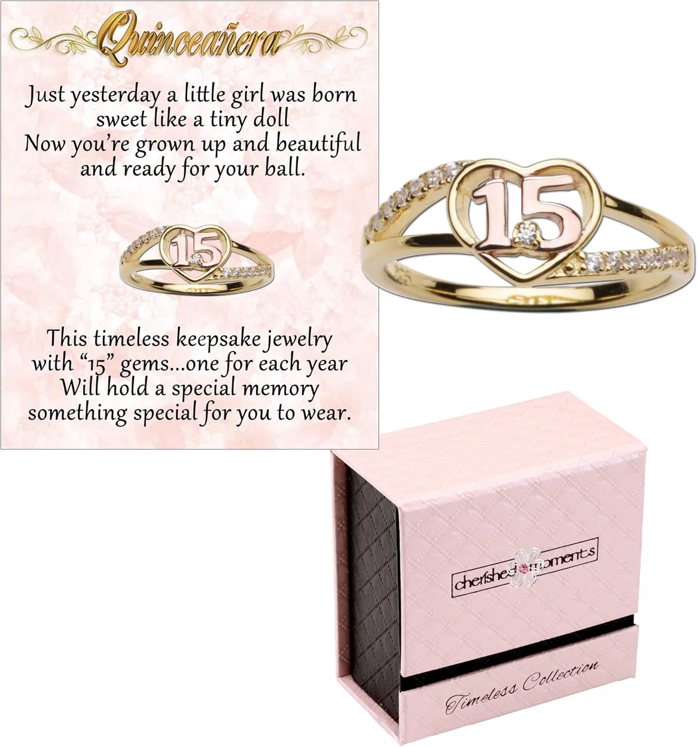 Cherished Moments Sterling Silver with Gold-Plating Heart Ring for Quinceaera Gift, "Sweet 15" Present with 15 Sparkling CZs
