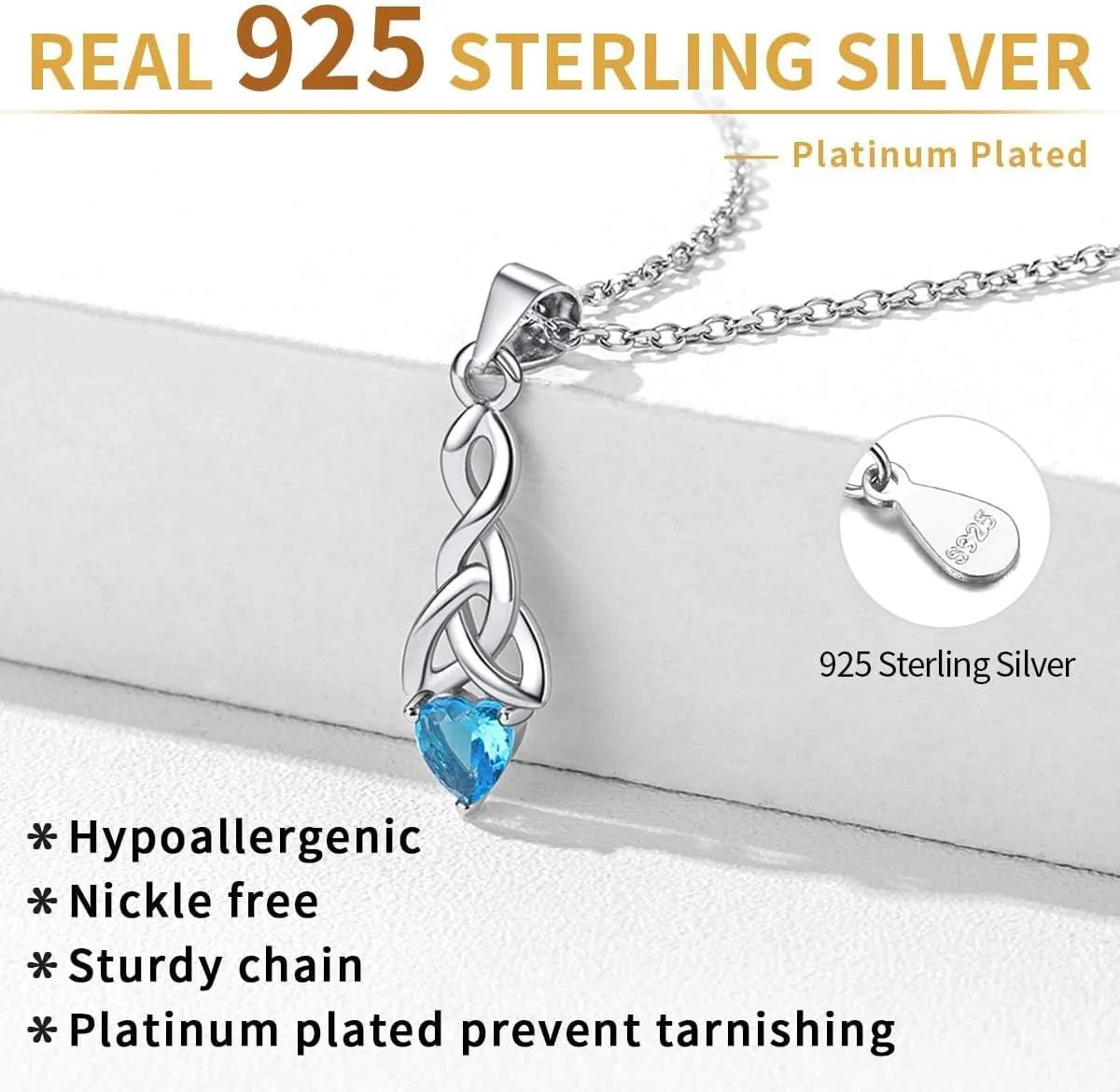 ChicSilver 925 Sterling Silver Sparkling Heart Birthstone Celtic Knot Pendant Necklace 18 Inch (with Gift Box)