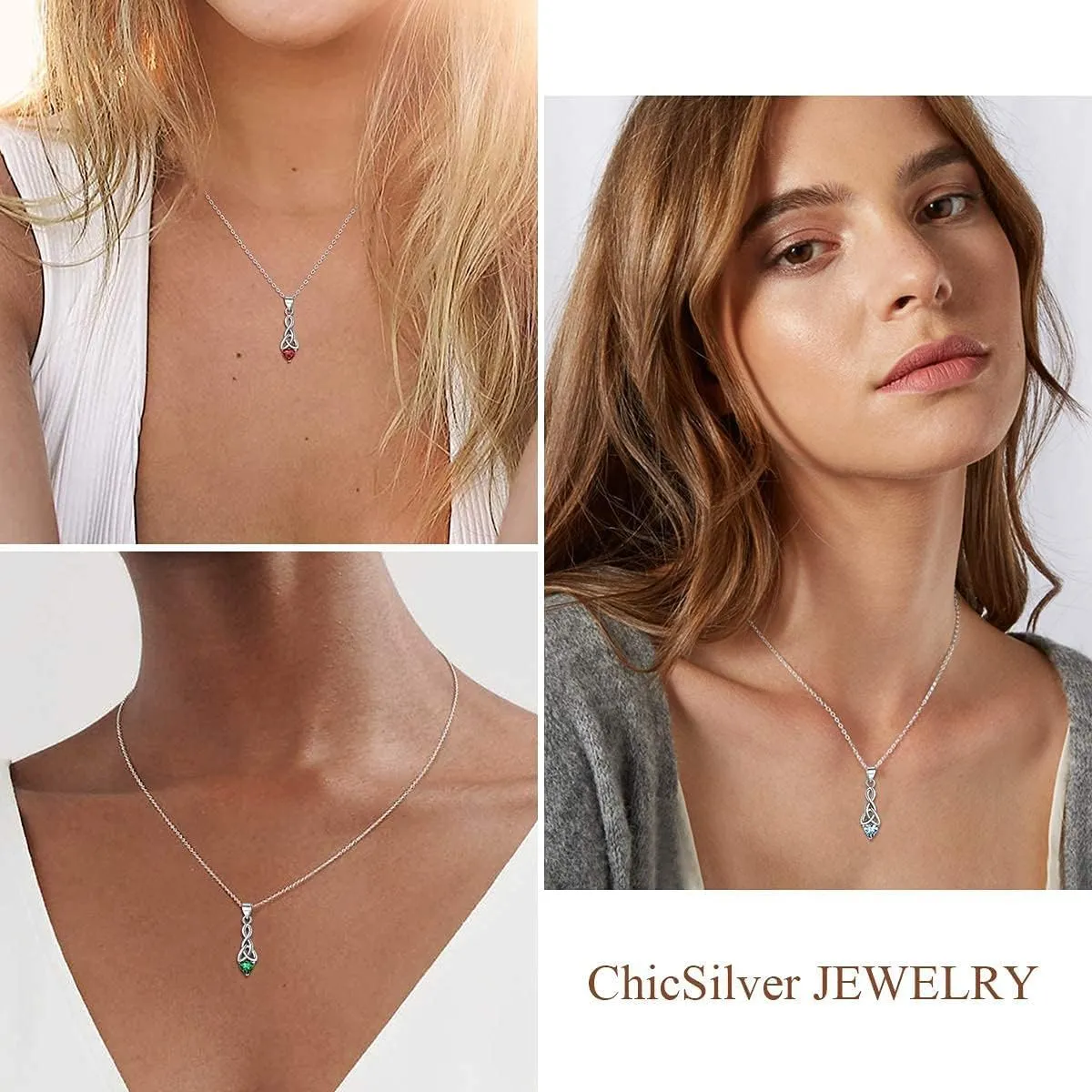 ChicSilver 925 Sterling Silver Sparkling Heart Birthstone Celtic Knot Pendant Necklace 18 Inch (with Gift Box)