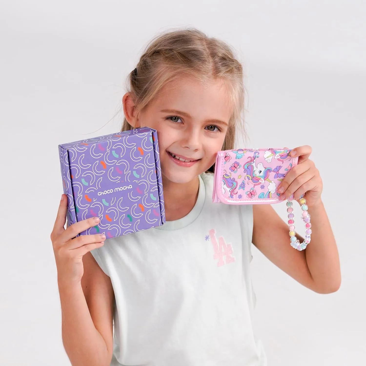 Choco Mocha Girls Wallets for Kids 4-6 6-8, Kids Wallets for Girls with Lanyard Gift Box, Toddler Wallet for Girl Birthday Gift, Rainbow Pink