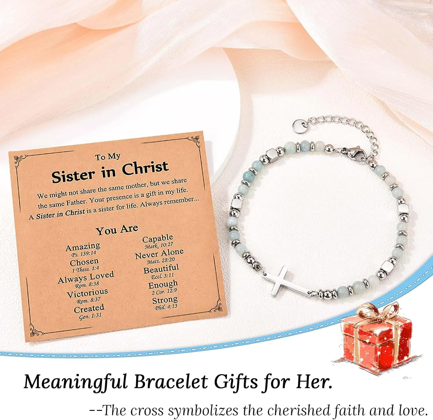 Christian Friendship Cross Bracelet for Women, Beaded Link Chain - Perfect Inspirational Gift for Daughter, Niece, Sister, and Friend