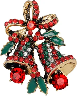 Christmas Brooch Pins Crystal Christmas Tree Snowflake Reindeer Jingle Bell Brooches Holiday Party Gift for Women (Small Bell)