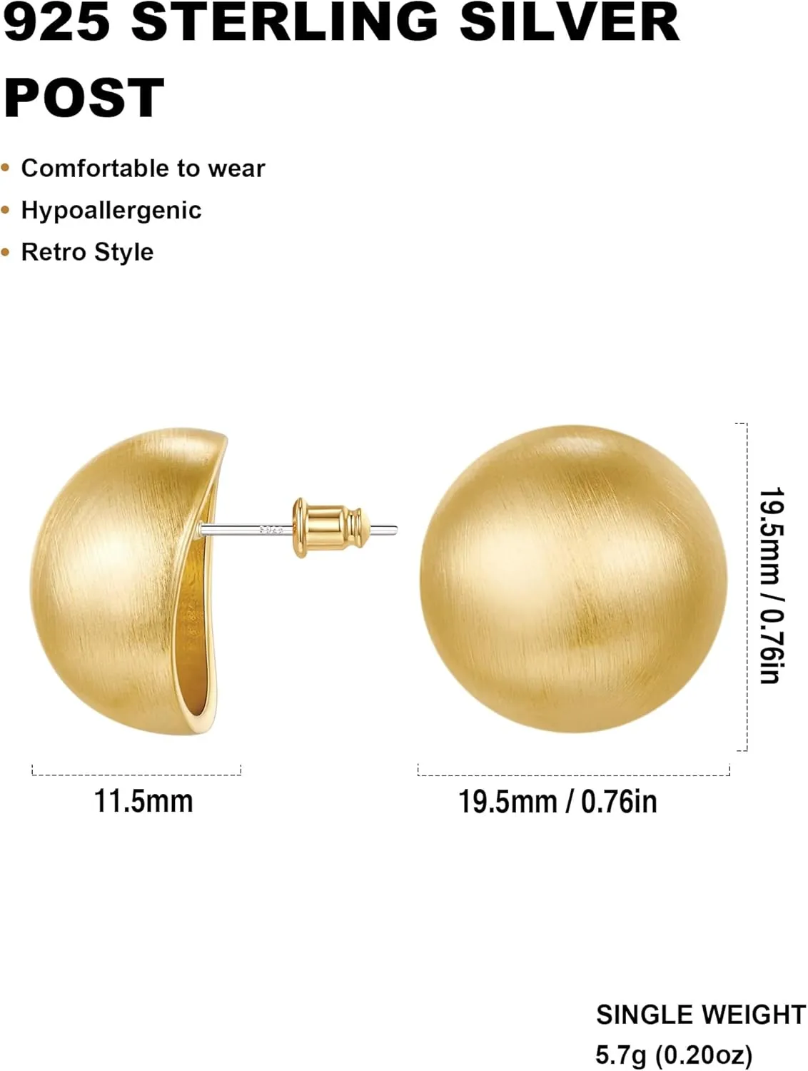 Chunky Gold Stud Earrings for Women 14K Gold Plated 925 Sterling Silver Brushed Half Ball Stud Earrings