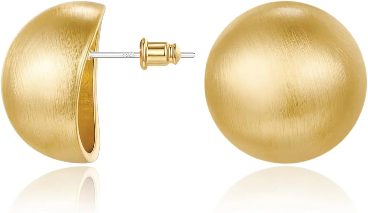 Chunky Gold Stud Earrings for Women 14K Gold Plated 925 Sterling Silver Brushed Half Ball Stud Earrings