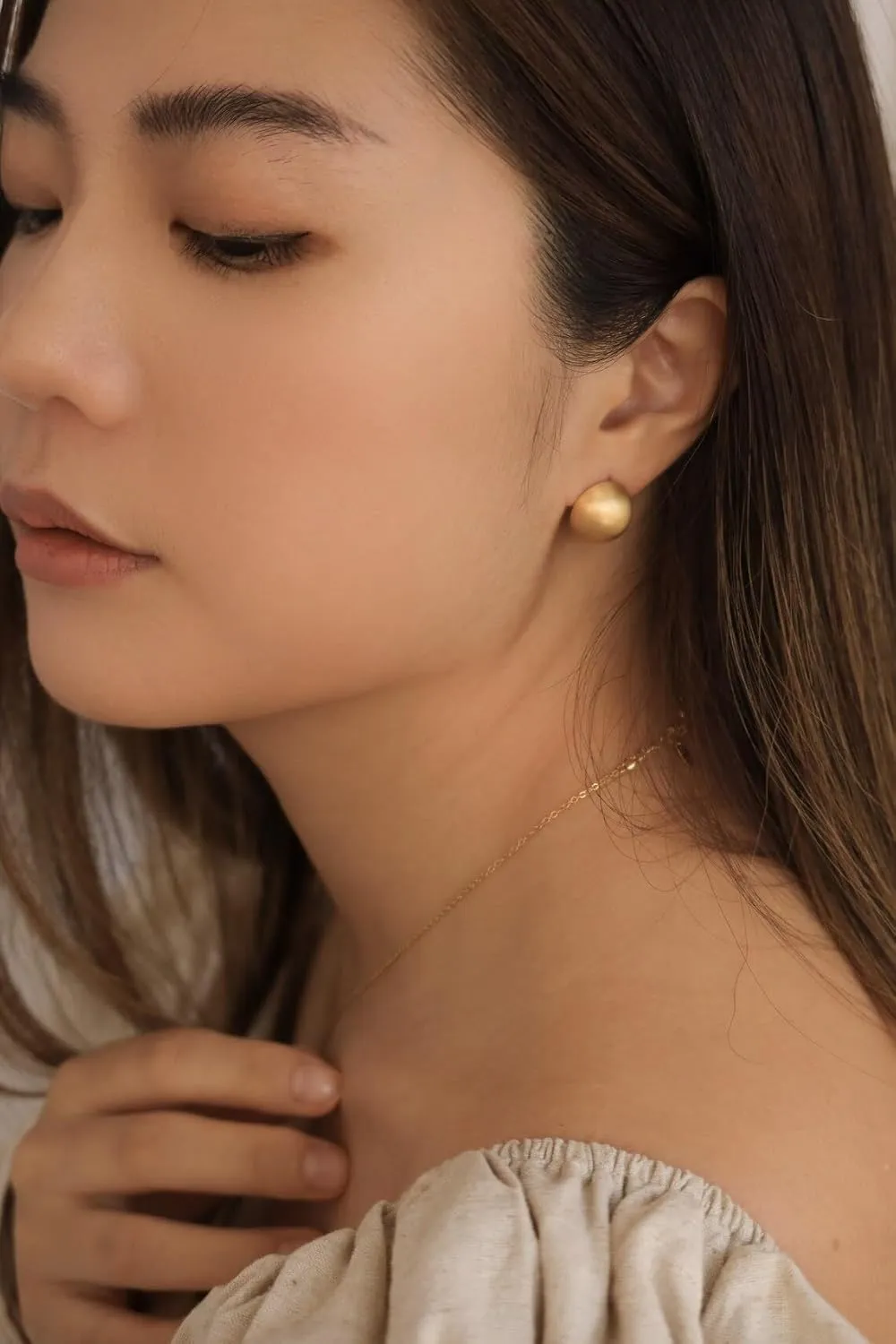 Chunky Gold Stud Earrings for Women 14K Gold Plated 925 Sterling Silver Brushed Half Ball Stud Earrings