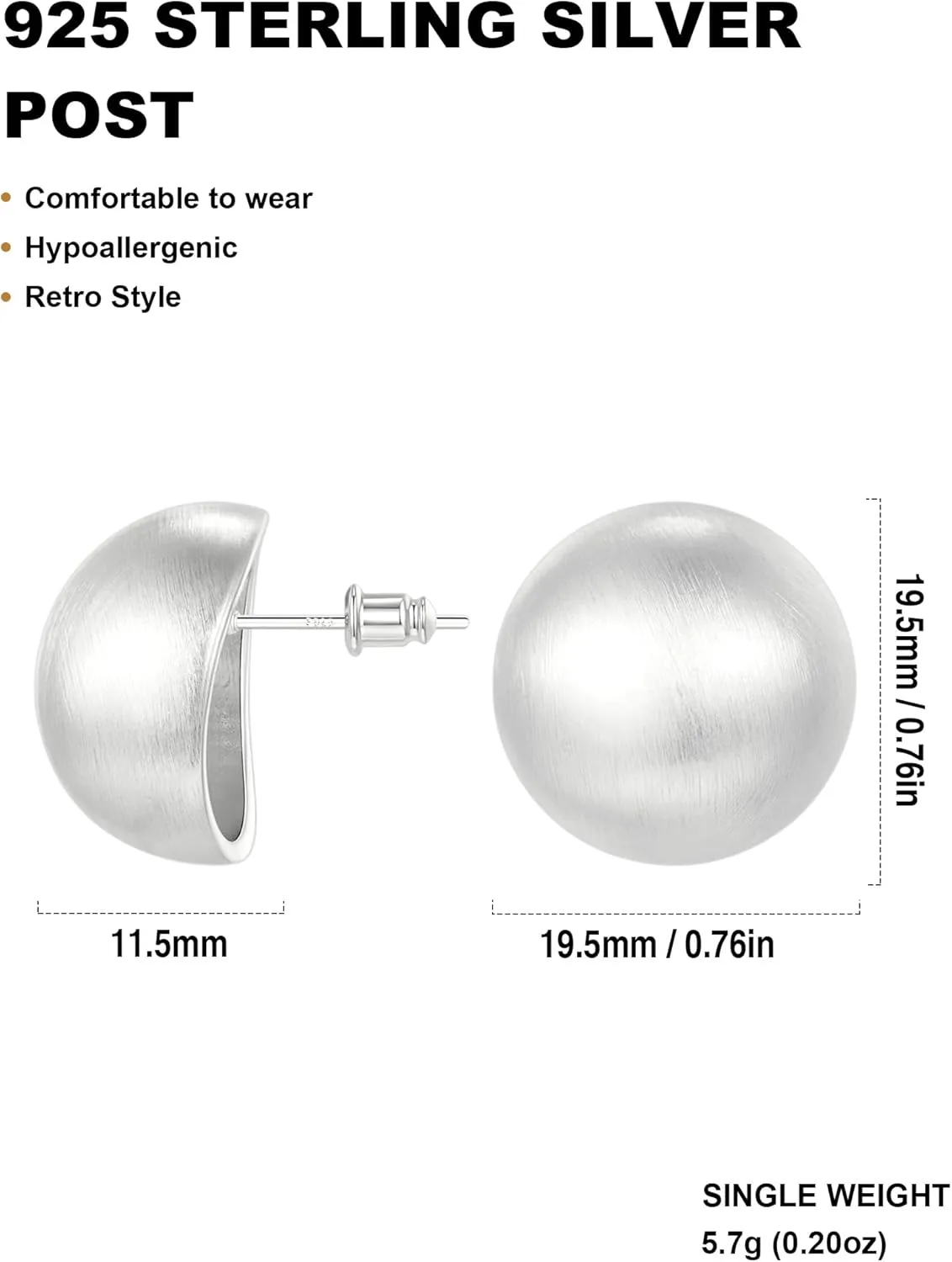 Chunky Gold Stud Earrings for Women 14K Gold Plated 925 Sterling Silver Brushed Half Ball Stud Earrings