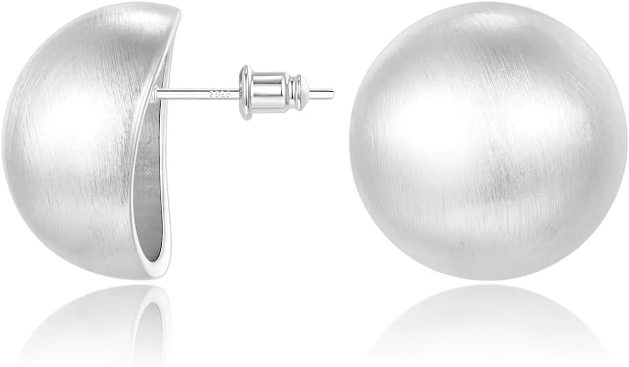 Chunky Gold Stud Earrings for Women 14K Gold Plated 925 Sterling Silver Brushed Half Ball Stud Earrings