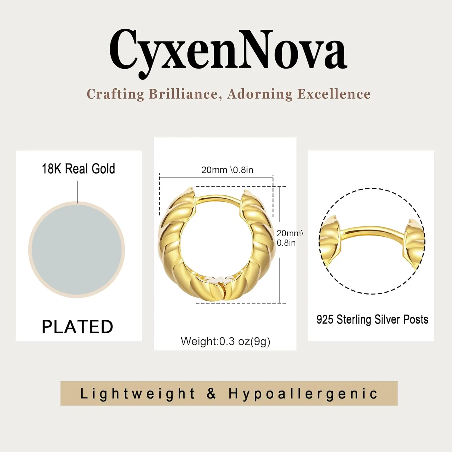 Chunky Gold Thick Hoop Earrings for Women, 18k Gold Plated Lightweight Hypoallergenic Huggie Hoops, Trendy Jewelry for Women
