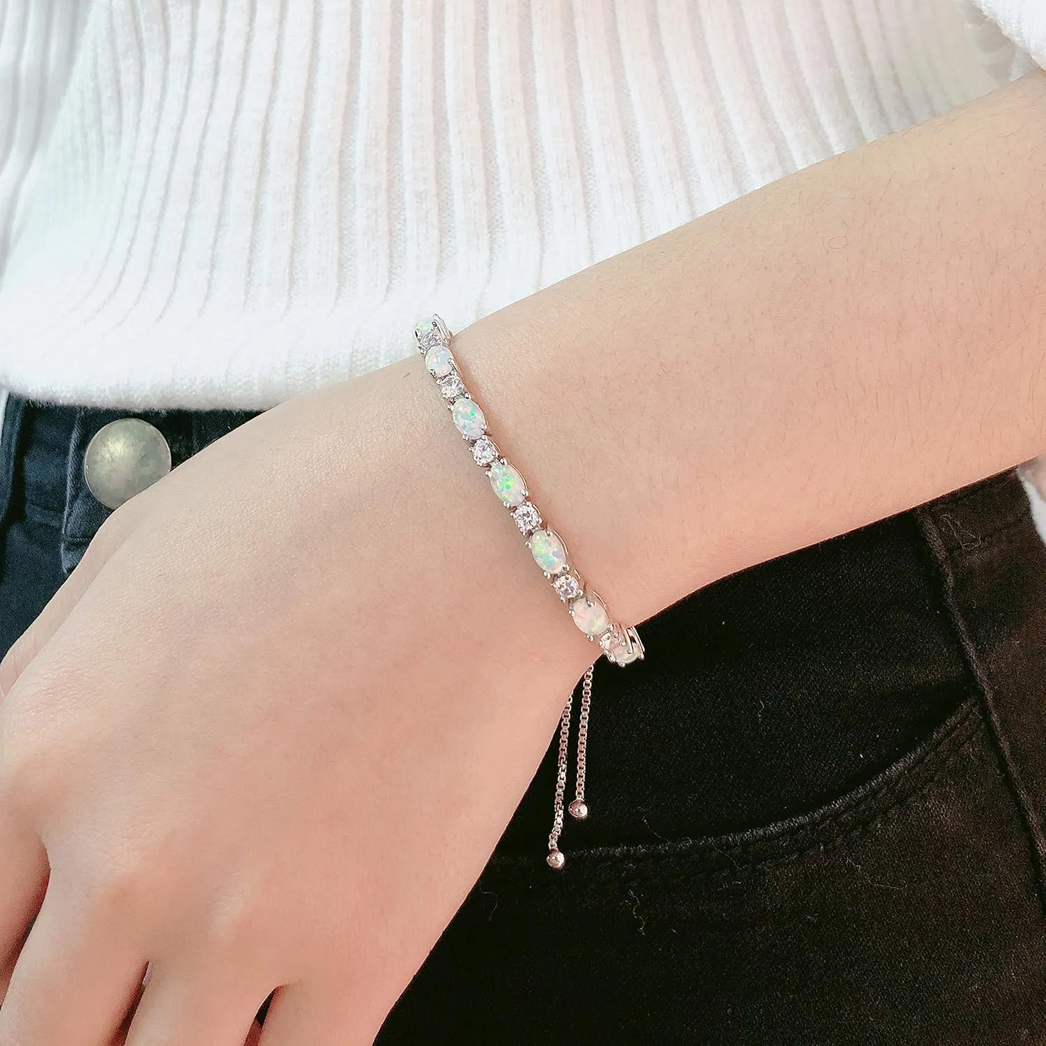 CiNily 18K White Gold/Rose Gold Plated Bracelets-Adjustable Sparkling Cubic Zirconia White Opal Bracelet for Women Girls for Her