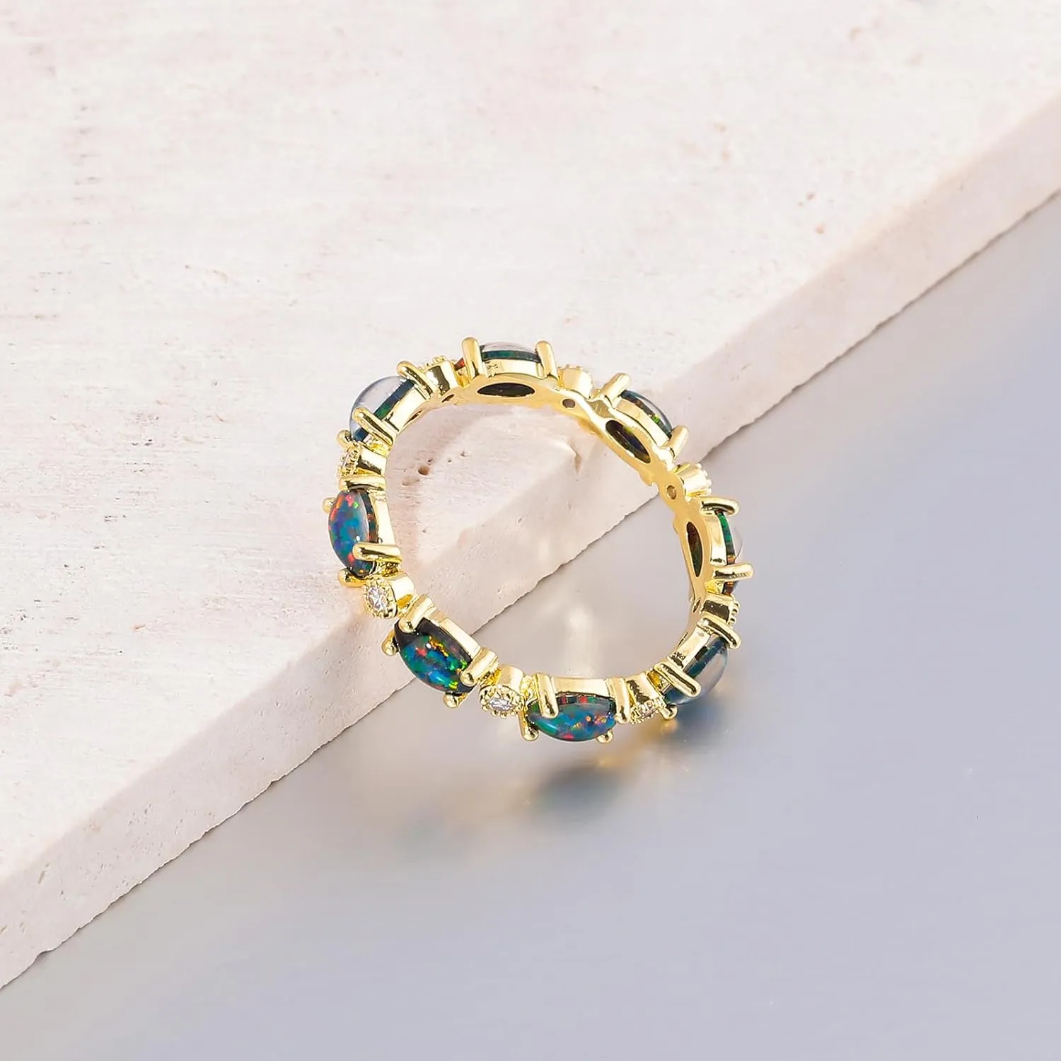 CiNily Gold Rings 14K Gold Plated Created Opal Rings for Women Engagement | Wedding | Eternity Bands Cubic Zirconia Promise Rings for Her Diamond Accents Ring Size 6-10.5