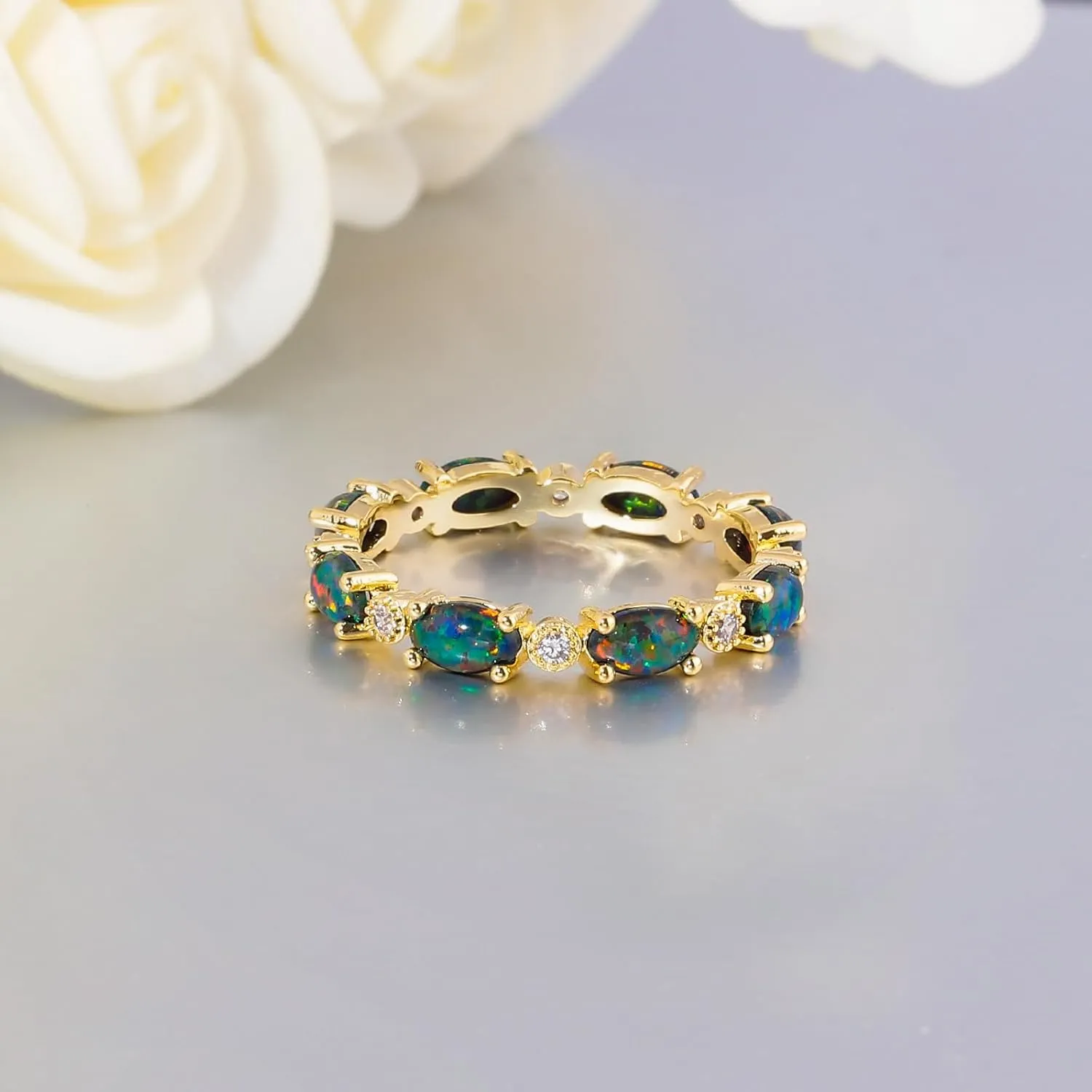 CiNily Gold Rings 14K Gold Plated Created Opal Rings for Women Engagement | Wedding | Eternity Bands Cubic Zirconia Promise Rings for Her Diamond Accents Ring Size 6-10.5