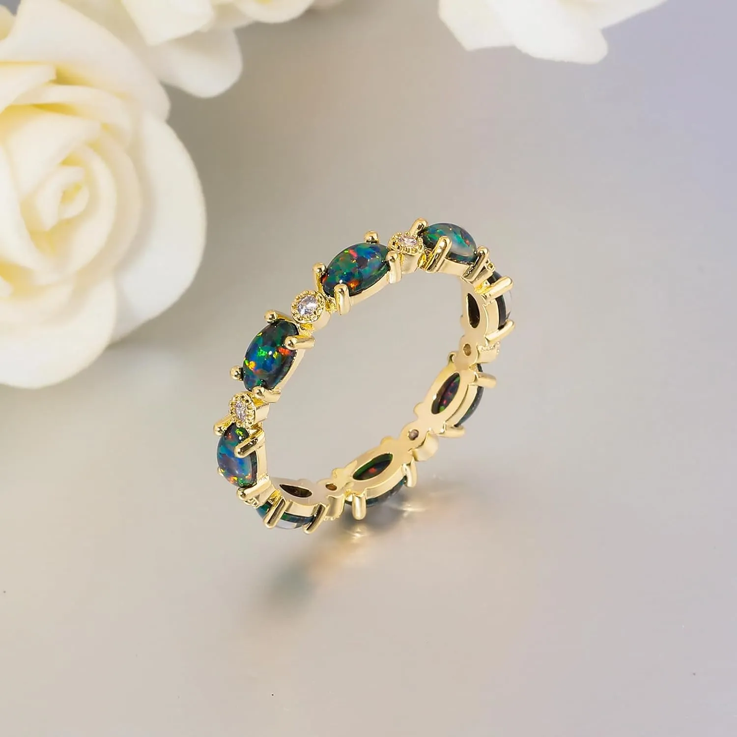 CiNily Gold Rings 14K Gold Plated Created Opal Rings for Women Engagement | Wedding | Eternity Bands Cubic Zirconia Promise Rings for Her Diamond Accents Ring Size 6-10.5
