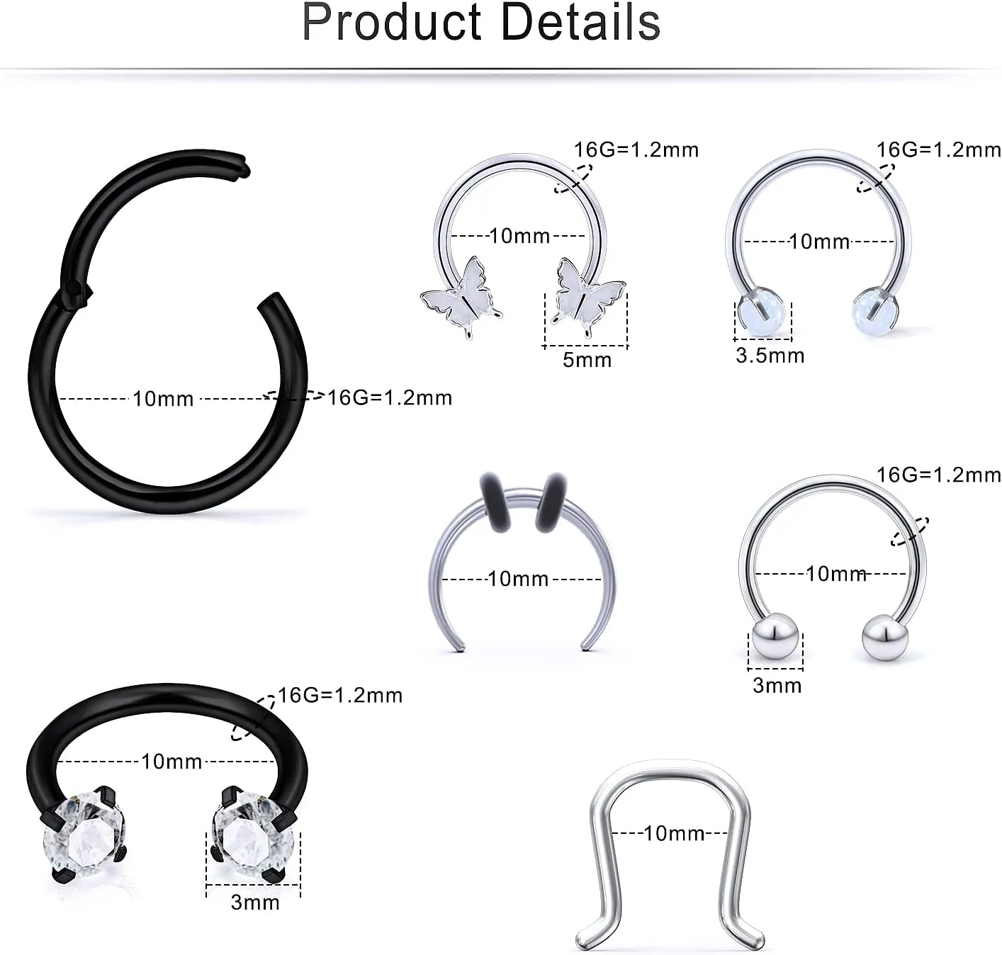 Cisyozi 16G Septum Rings Piercing Jewelry 316L Surgical Steel Hypoallergenic Black Septum Nose Eyebrow Lip Rings Hoop Helix Daith Cartilage Tragus Rook Earrings Piercing Jewelry for Women Men 10mm