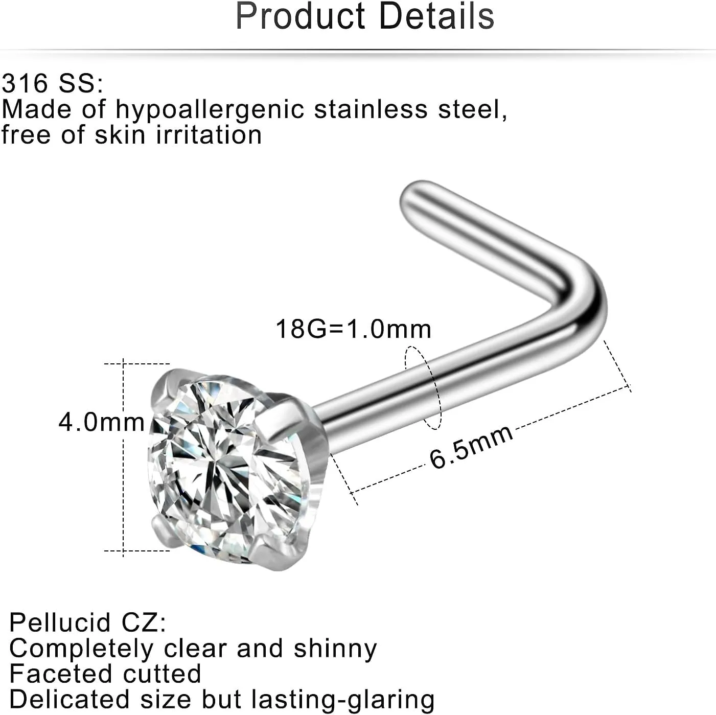 Cisyozi 18G Nose Rings Studs Hypoallergenic Nose Piercings 316L Surgical Steel Silver Nose Rings Set L Shaped Nose Nostril Piercing Jewelry for Women Men Diamond CZ 1.5mm 2mm 2.5mm 3mm 3.5mm 4mm
