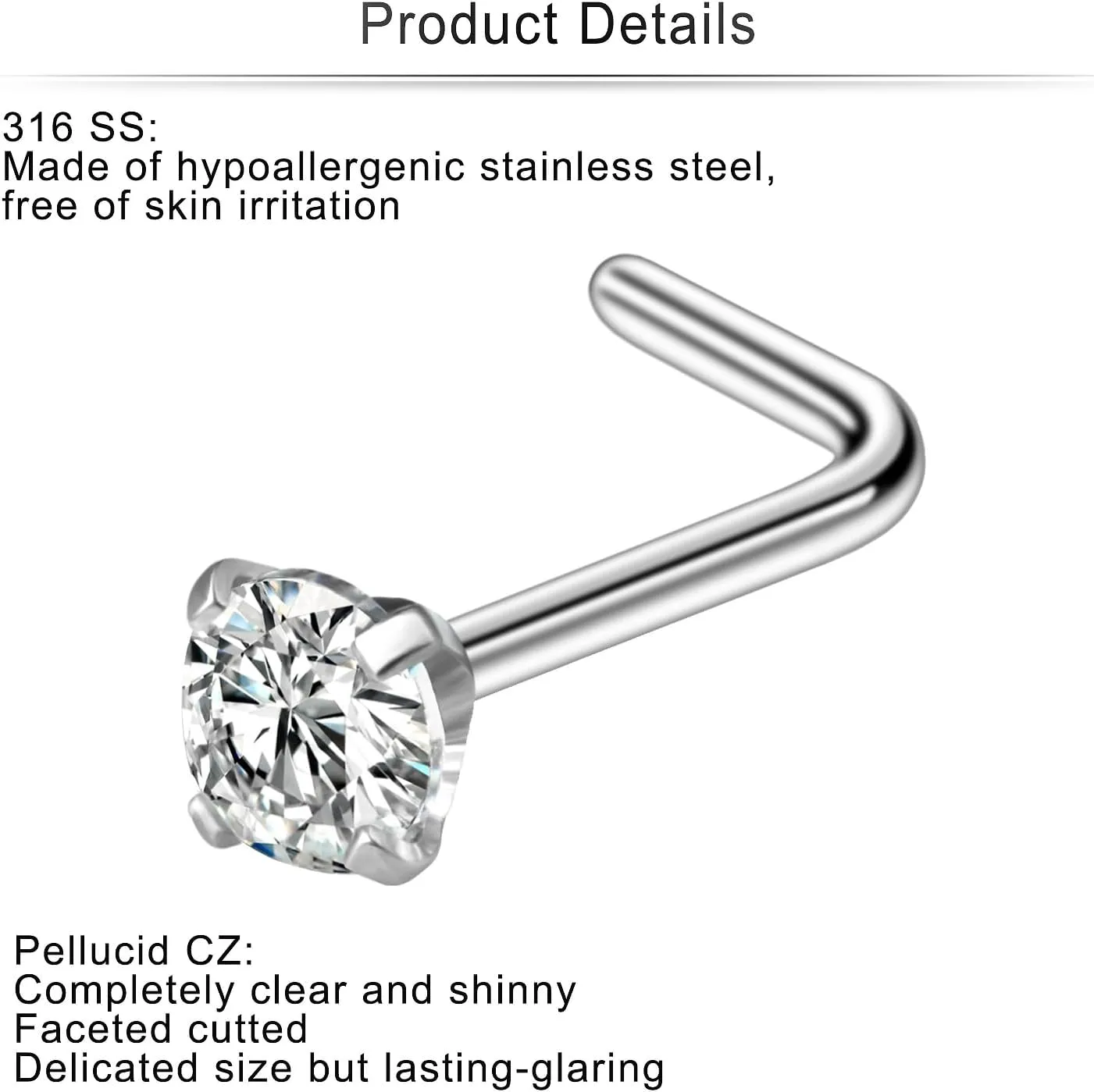 Cisyozi 18G Nose Rings Studs Hypoallergenic Nose Piercings 316L Surgical Steel Silver Nose Rings Set L Shaped Nose Nostril Piercing Jewelry for Women Men Diamond CZ 1.5mm 2mm 2.5mm 3mm 3.5mm 4mm