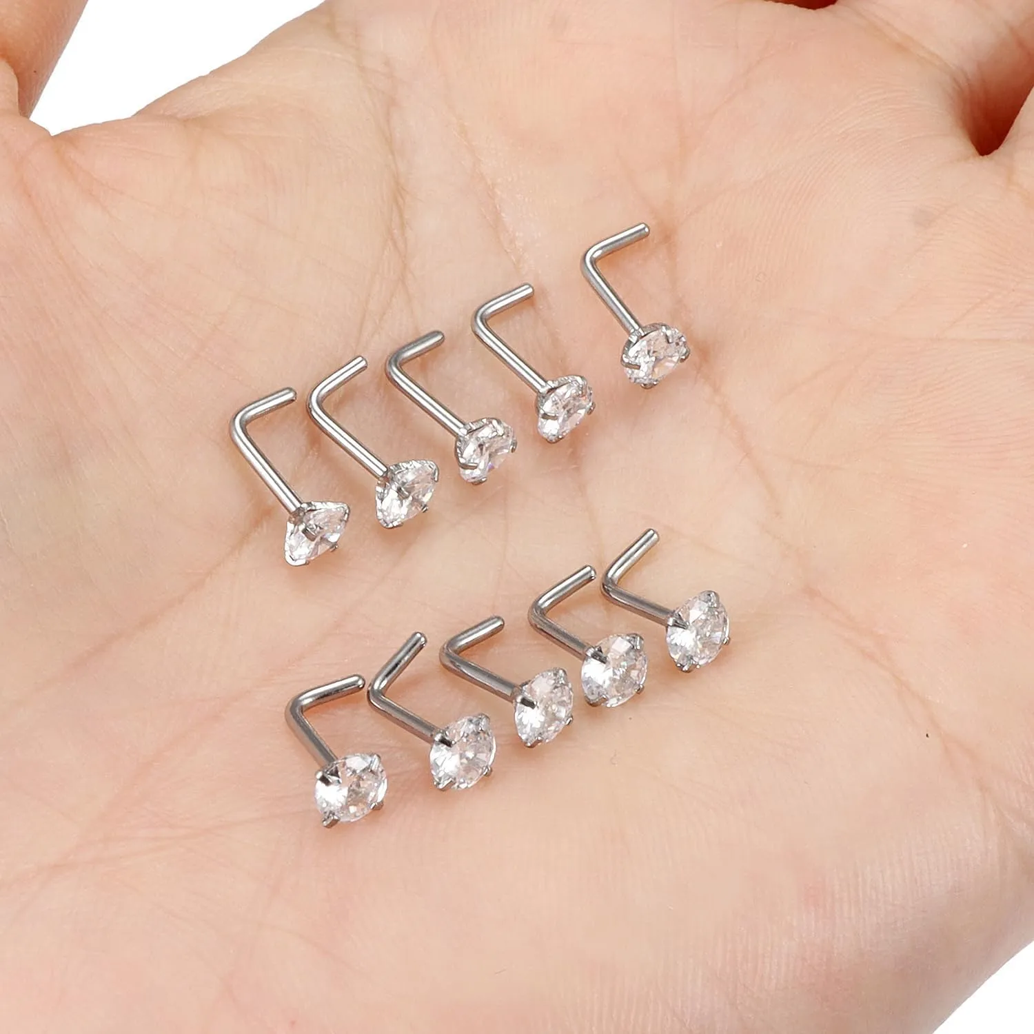 Cisyozi 18G Nose Rings Studs Hypoallergenic Nose Piercings 316L Surgical Steel Silver Nose Rings Set L Shaped Nose Nostril Piercing Jewelry for Women Men Diamond CZ 1.5mm 2mm 2.5mm 3mm 3.5mm 4mm