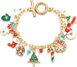 CJIAYUJEW Christmas Bracelet for Women Gold Cartoon Snowflake Snowman Charm Bracelet OT Chain Bangle Christmas Tree Friendship Bracelets Jewelry