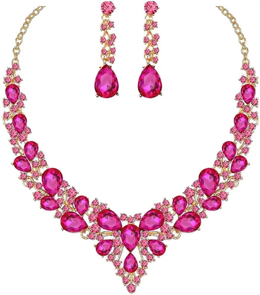 Clear Crystal Rib Statement Necklace Earrings Set Spark Rhinestone women Jewelry Set Chunky Bridal Teal Crystal Drop Accessories for Ladies and Bridesmaids