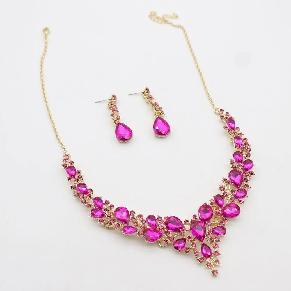 Clear Crystal Rib Statement Necklace Earrings Set Spark Rhinestone women Jewelry Set Chunky Bridal Teal Crystal Drop Accessories for Ladies and Bridesmaids