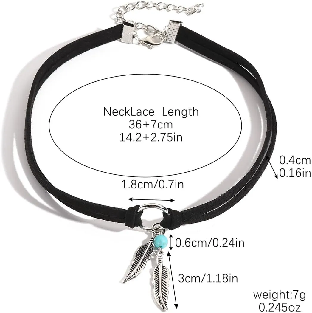 coadipress Bohemian Turquoise Leather Choker Necklace for Women Vintage Handmade Feather Layered Black Brown Suede Western Cowlady Necklace Western Country Party Jewelry Gifts