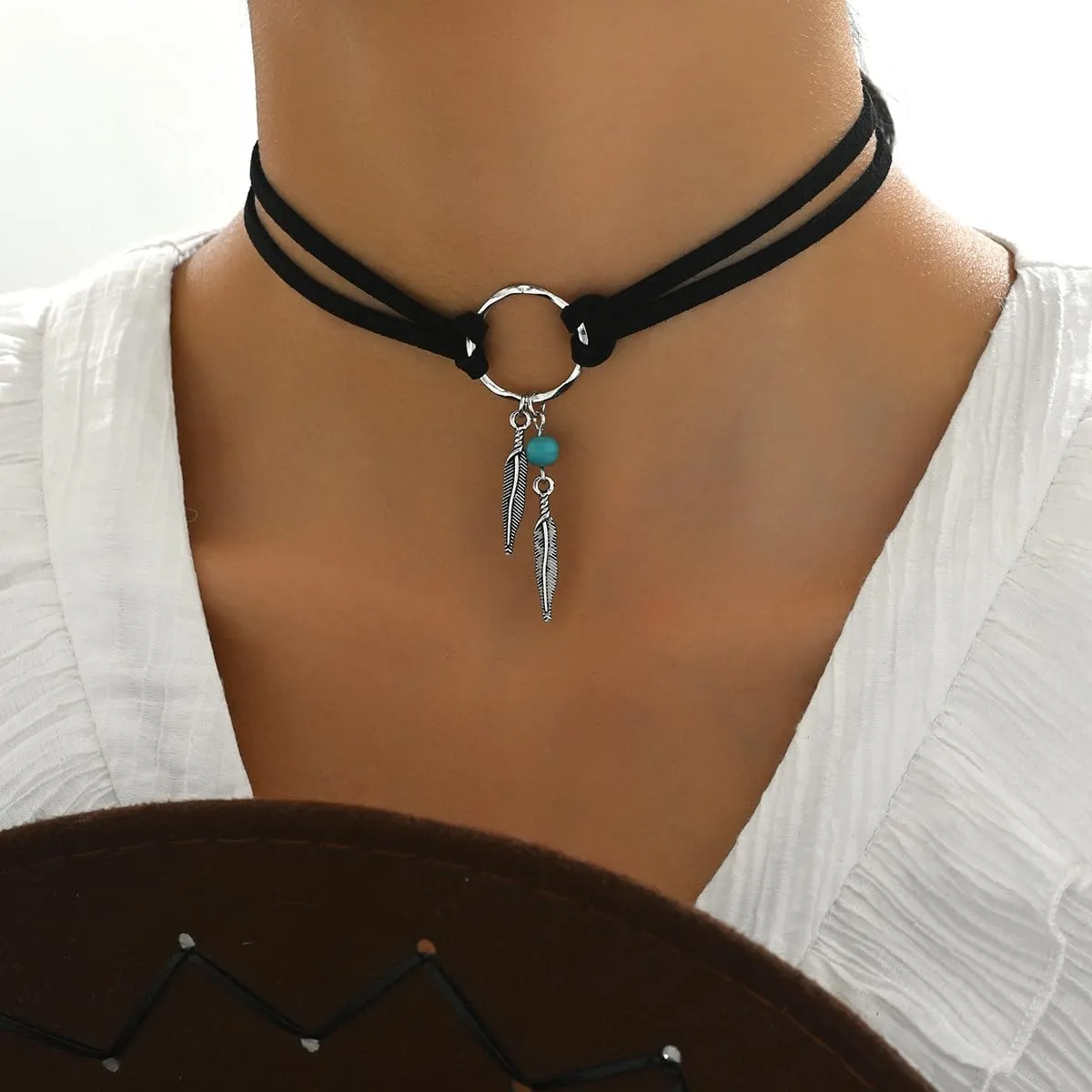 coadipress Bohemian Turquoise Leather Choker Necklace for Women Vintage Handmade Feather Layered Black Brown Suede Western Cowlady Necklace Western Country Party Jewelry Gifts
