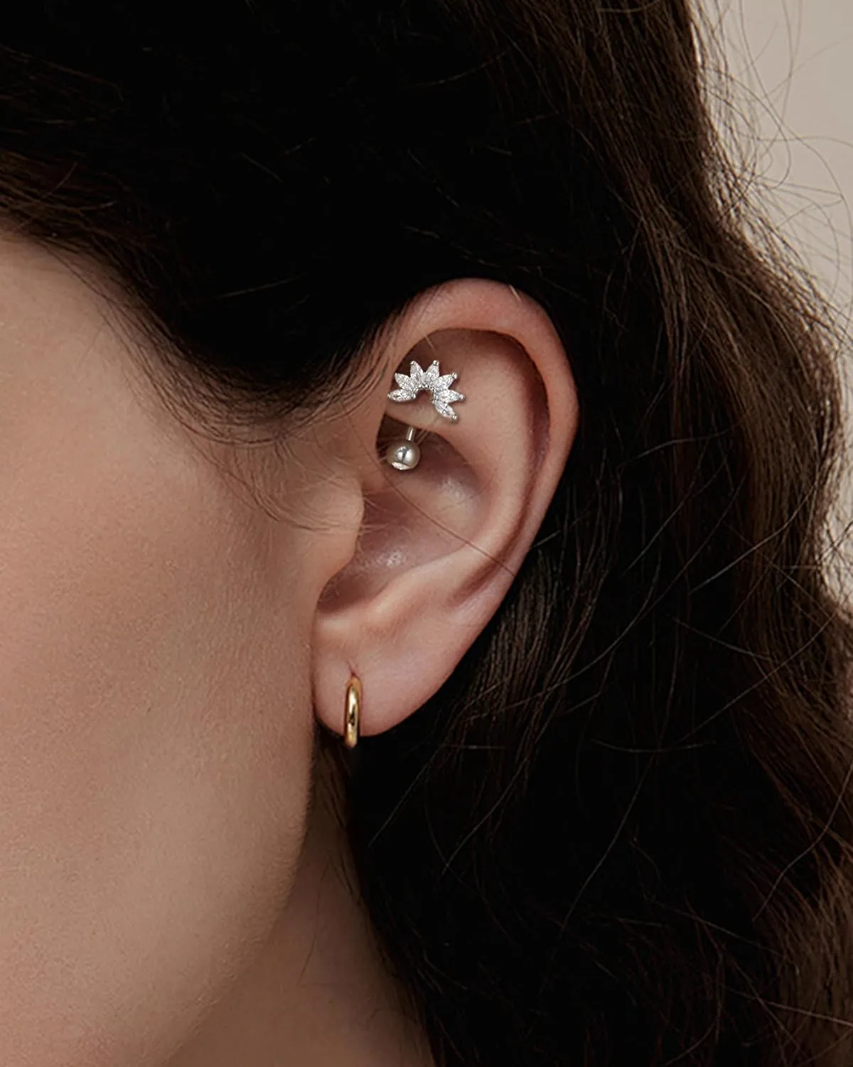 COCHARM Cute Silver Gold Flower Rook Earrings 16g Sparkling Rook Barbells for Women Gold Stainless Steel 8mm Rook Piercing Dainty Rook Jewelry Silver Rook Rings