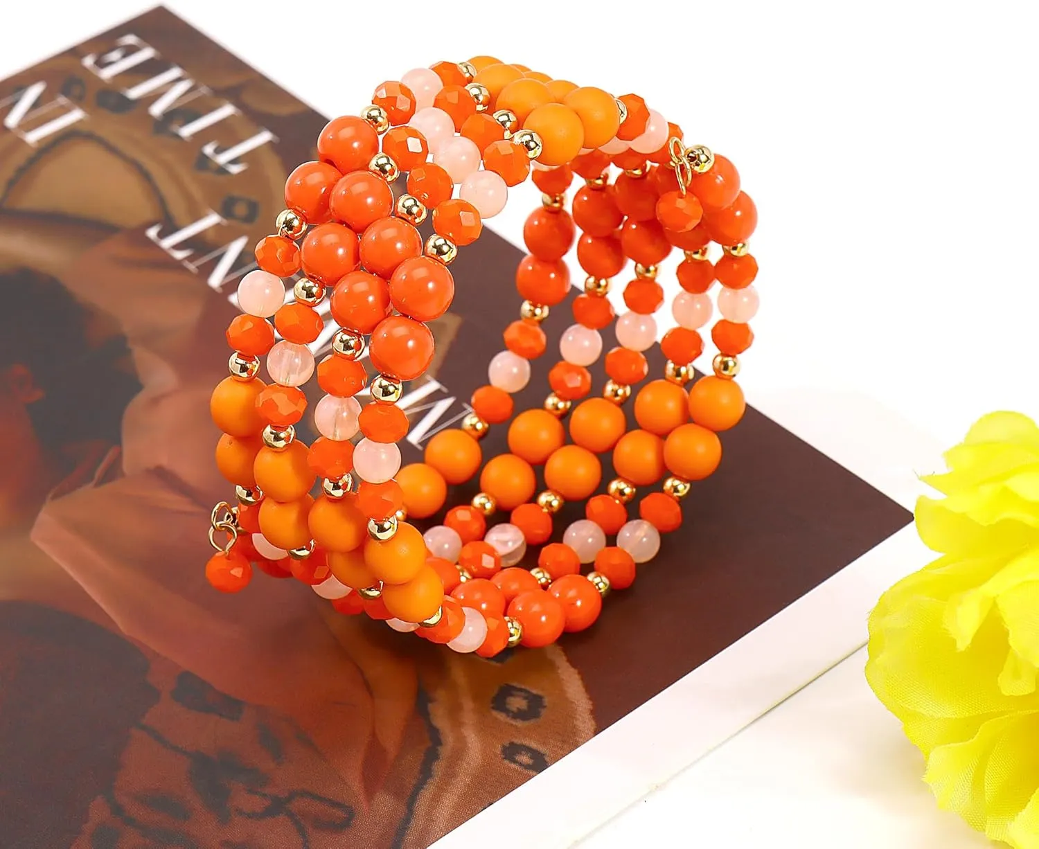 Coiris Multi Layers Statement Yellow Beaded Bracelet Adjustable Strand Bangle Bracelet for Women