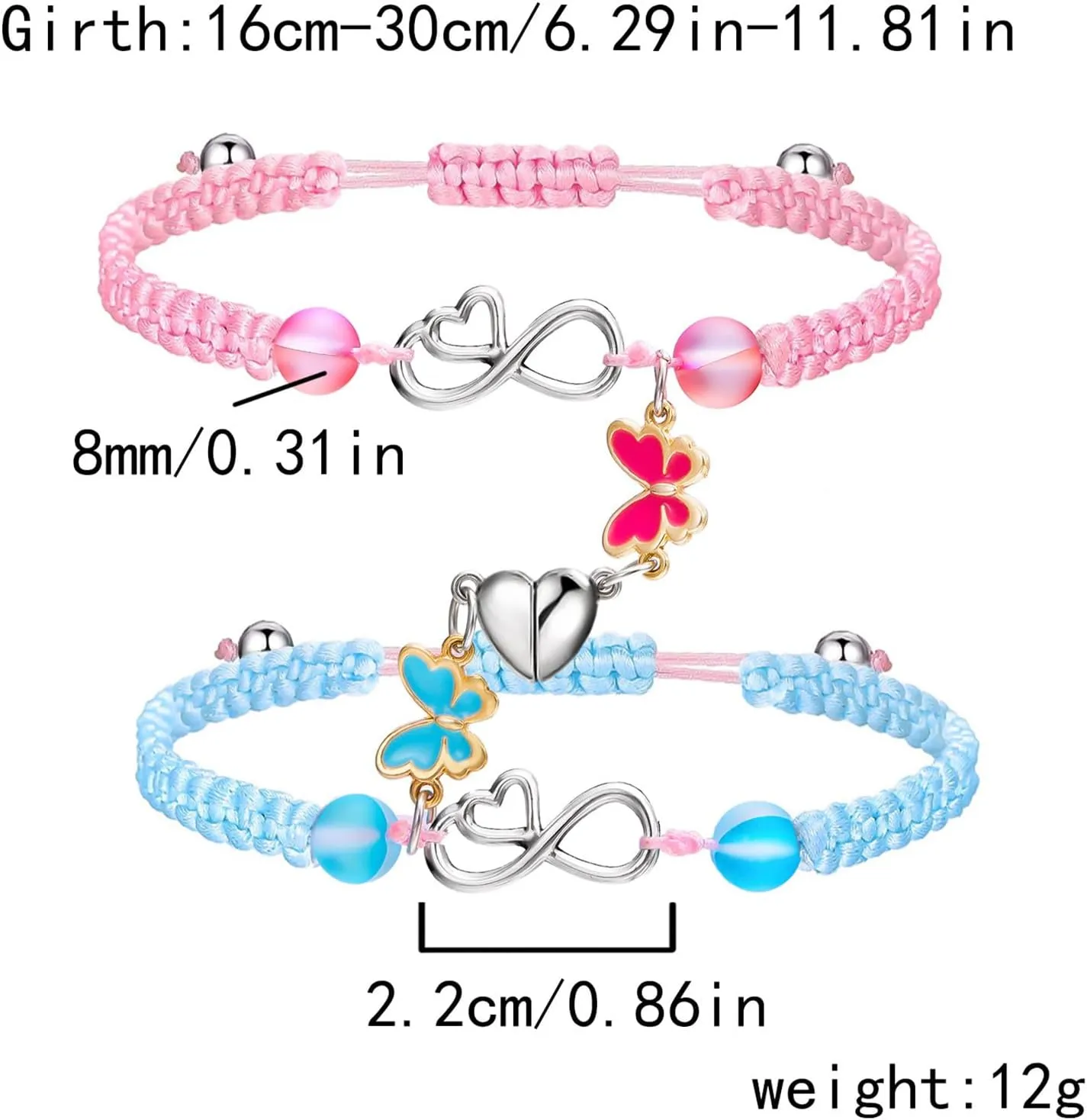 COLORFUL BLING 2Pcs Set Love Heart BFF Rope Adjustable Bracelet Daisy Yin Yang Butterfly Enamel Strand Wrap Best Friend Friendship Bracelet Split Heart Forever for Women Men