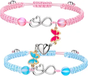 COLORFUL BLING 2Pcs Set Love Heart BFF Rope Adjustable Bracelet Daisy Yin Yang Butterfly Enamel Strand Wrap Best Friend Friendship Bracelet Split Heart Forever for Women Men