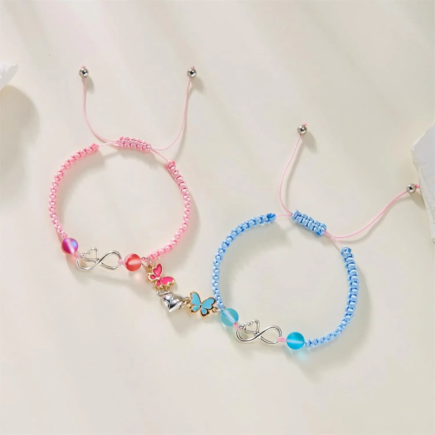 COLORFUL BLING 2Pcs Set Love Heart BFF Rope Adjustable Bracelet Daisy Yin Yang Butterfly Enamel Strand Wrap Best Friend Friendship Bracelet Split Heart Forever for Women Men