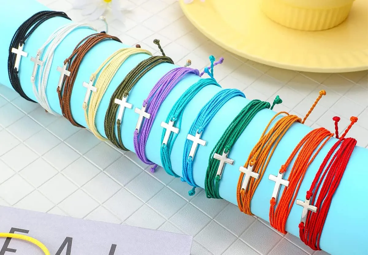 COLORFUL BLING Adjustable Braided Stainless Steel Cross Multicolor Rope String Handmade Braided Bracelet for Men Women Lucky Protection Religious Faith Jewelry