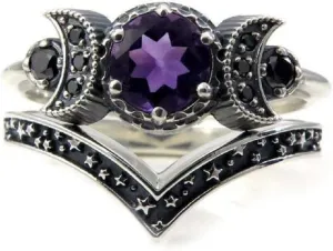 COLORFUL BLING Wicca Pagan Triple Moon Godness Band Ring Set Vintage Star Moon Amulet Wicca Crystal Cresent Religious Ring for Women Gifts