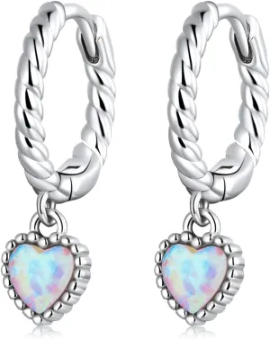 Colorful Opal Heart Dangle Hoop Earrings for Women Girls 925 Sterling Silver Rainbow Opal Small Huggie Hoops Cartilage Earring Dangling Charm Drop Hinged Cuff Dainty Jewelry Gifts for Sensitive Ears