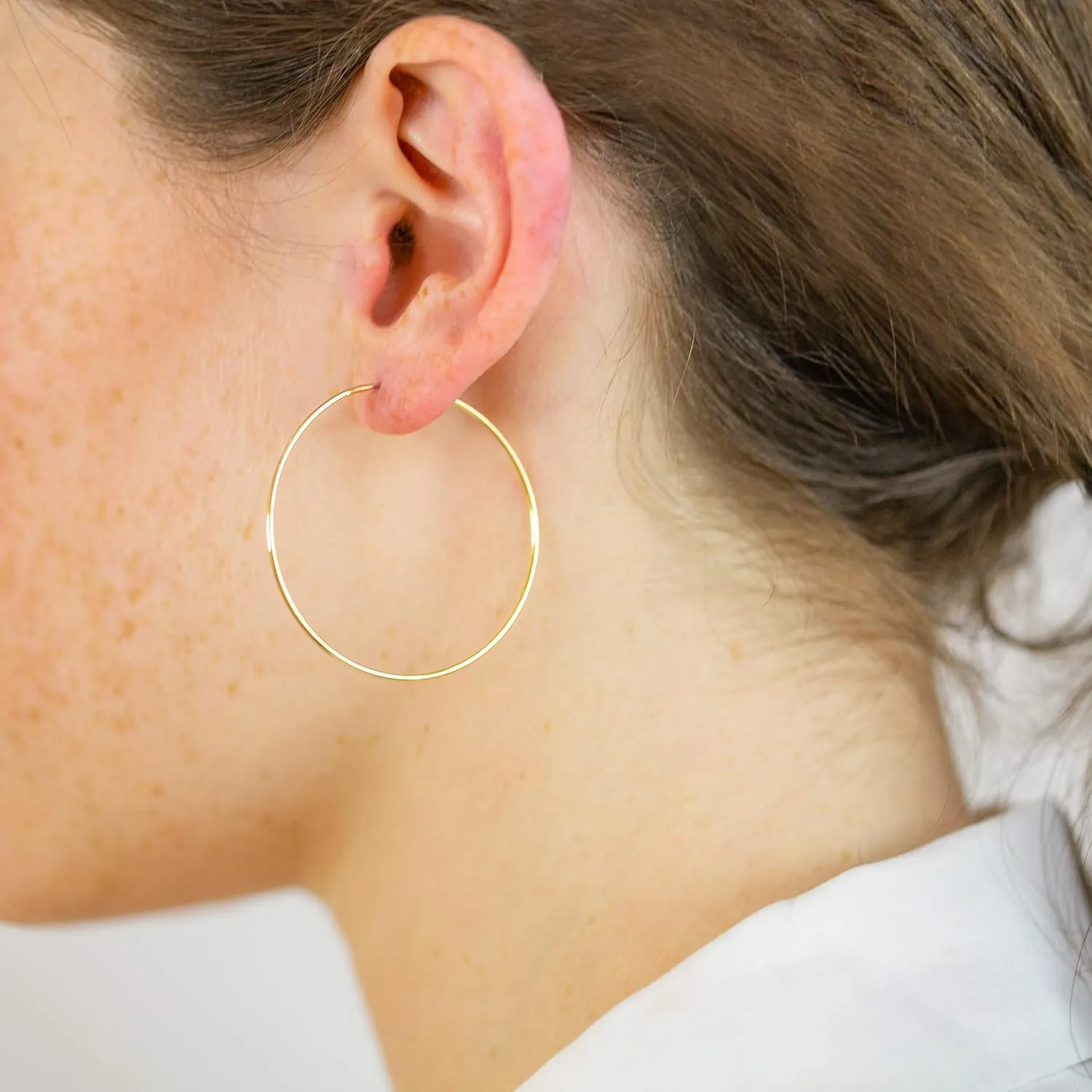 Columbus 14K Gold or Rhodium Dipped Endless Hoops with Sterling Silver Posts - Wire Thin Plated Infinity Hoop Earrings with 925 Post - 40, 50, 60, 70, 80 mm