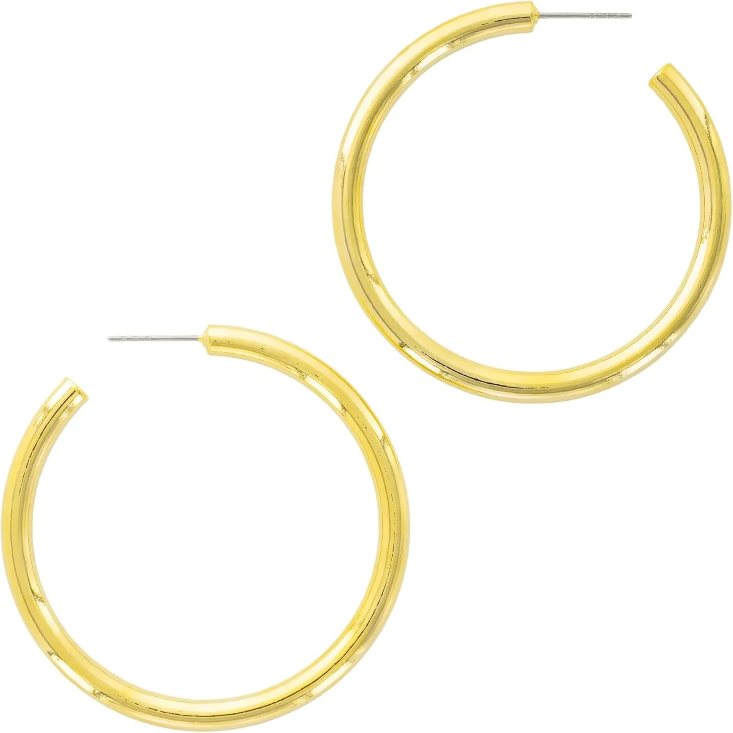 Columbus 14K Gold Plated Hoop Earrings - 4 mm Thick Hollow Hoops - Gold Loops with Hypoallergenic Stainless Steel Post - for Women for Her