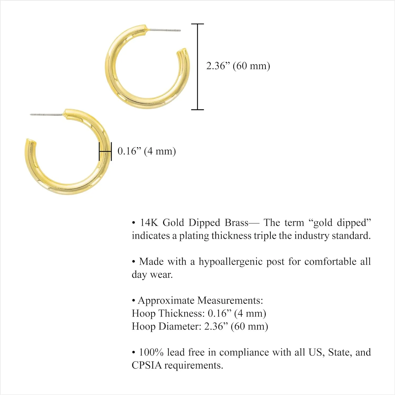 Columbus 14K Gold Plated Hoop Earrings - 4 mm Thick Hollow Hoops - Gold Loops with Hypoallergenic Stainless Steel Post - for Women for Her