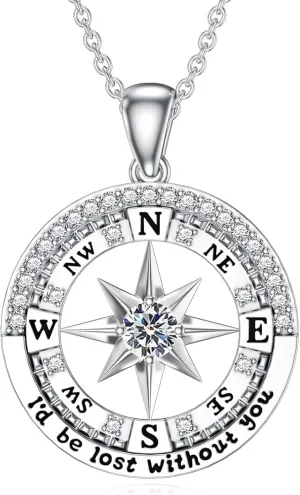 Compass Birthstone Necklace Gift for 2025 Graduation 925 Sterling Silver Compass I'd be Lost Without You Pendant Necklaces Jewelry for Women Her Wife Gift for Birthday Anniversary