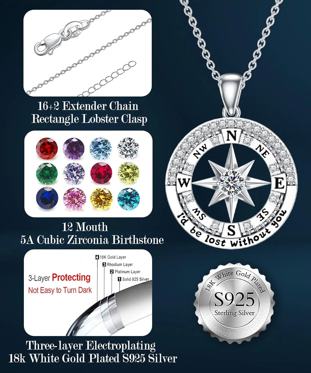 Compass Birthstone Necklace Gift for 2025 Graduation 925 Sterling Silver Compass I'd be Lost Without You Pendant Necklaces Jewelry for Women Her Wife Gift for Birthday Anniversary
