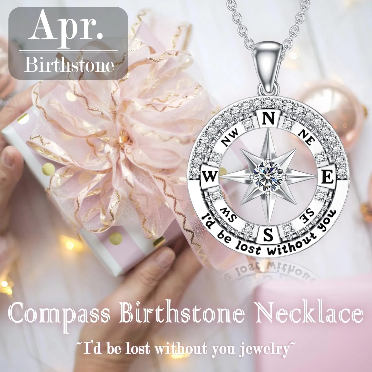 Compass Birthstone Necklace Gift for 2025 Graduation 925 Sterling Silver Compass I'd be Lost Without You Pendant Necklaces Jewelry for Women Her Wife Gift for Birthday Anniversary