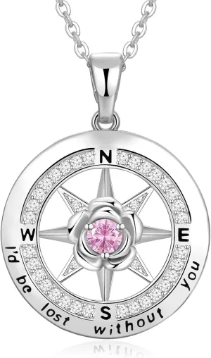 Compass Necklace for Women Rose Flower Birthstone Necklace Gifts for Wife Jewelry for Womens Girlfriend Mom Daughter
