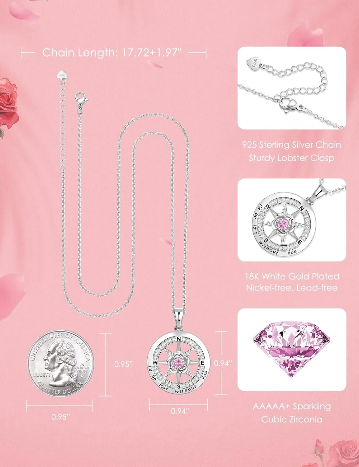Compass Necklace for Women Rose Flower Birthstone Necklace Gifts for Wife Jewelry for Womens Girlfriend Mom Daughter