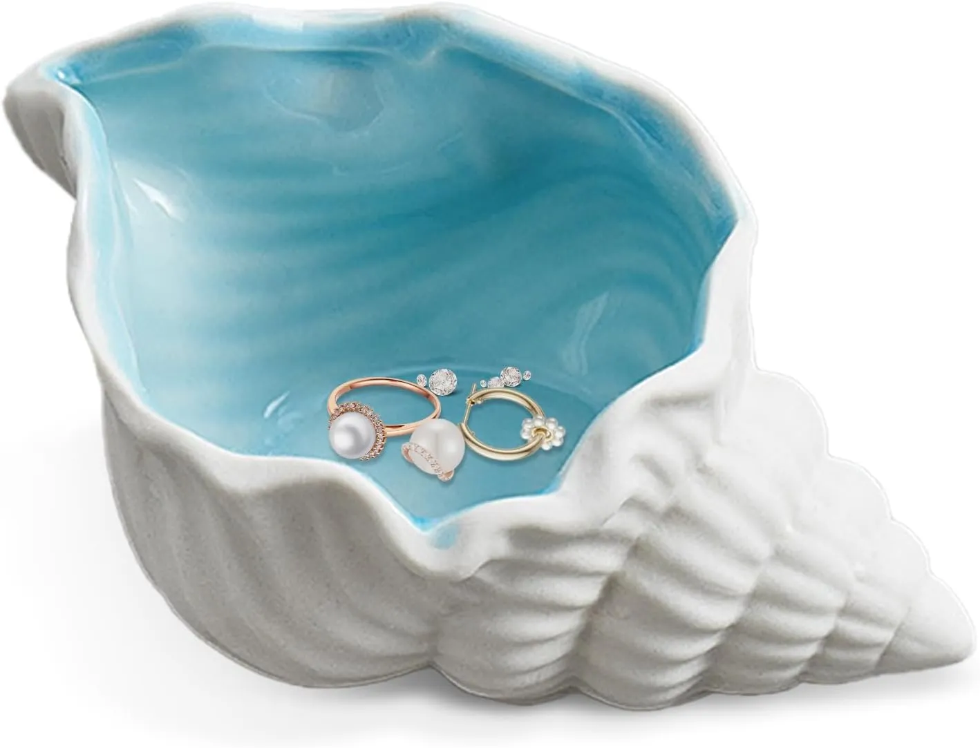 Conch Shape Ceramic Jewelry Tray,Shell Trinket Dish, Aqua Shell Trinket Dish Ceramic Ring Earring Holder Ocean-themed Decorative Trinket Plate for Rings Necklaces Bracelet Jewelry Watch Keys