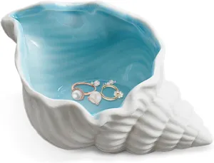 Conch Shape Ceramic Jewelry Tray,Shell Trinket Dish, Aqua Shell Trinket Dish Ceramic Ring Earring Holder Ocean-themed Decorative Trinket Plate for Rings Necklaces Bracelet Jewelry Watch Keys