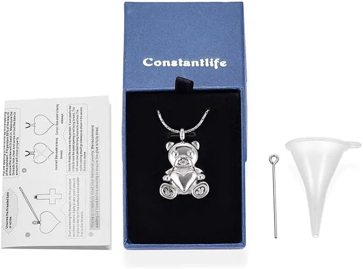 constantlife Cremation Jewelry Ashes Necklace Stainless Steel Teddy Bear Hold Heart Pet Urn Memorial Pendant Funeral Keepsake