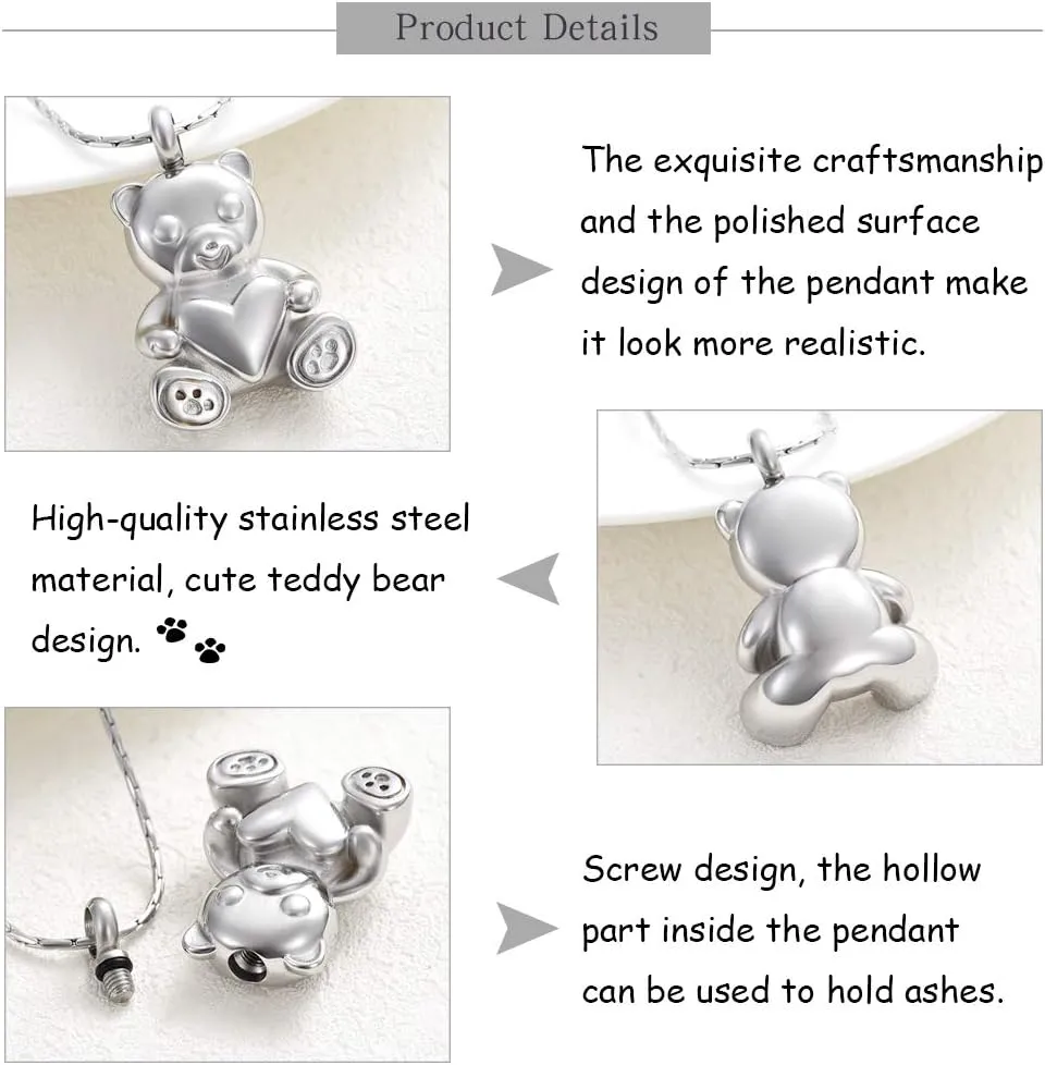 constantlife Cremation Jewelry Ashes Necklace Stainless Steel Teddy Bear Hold Heart Pet Urn Memorial Pendant Funeral Keepsake