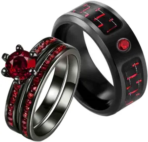 Couple Rings Black Gold Plated Round Red Cz Womens Wedding Ring Sets 8mm Titanium Mens Wedding Band (Please Buy 2 Rings for 1pair)
