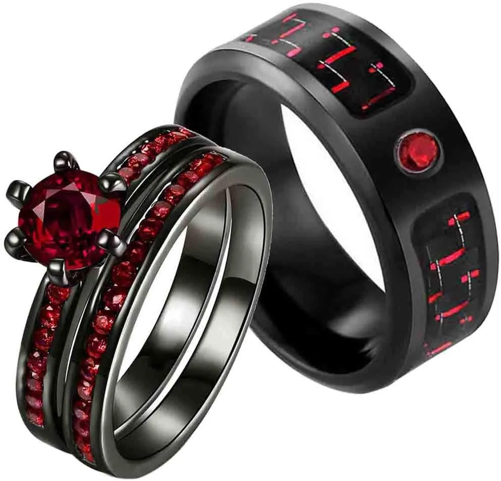 Couple Rings Black Gold Plated Round Red Cz Womens Wedding Ring Sets 8mm Titanium Mens Wedding Band (Please Buy 2 Rings for 1pair)
