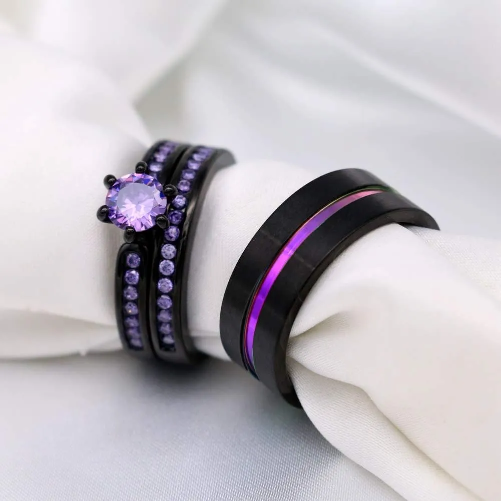 Couple Rings Black Plated Purple Cz Womens Wedding Ring Sets Tungsten Mens Wedding Band (Please Buy 2 Rings for 1 Pair)