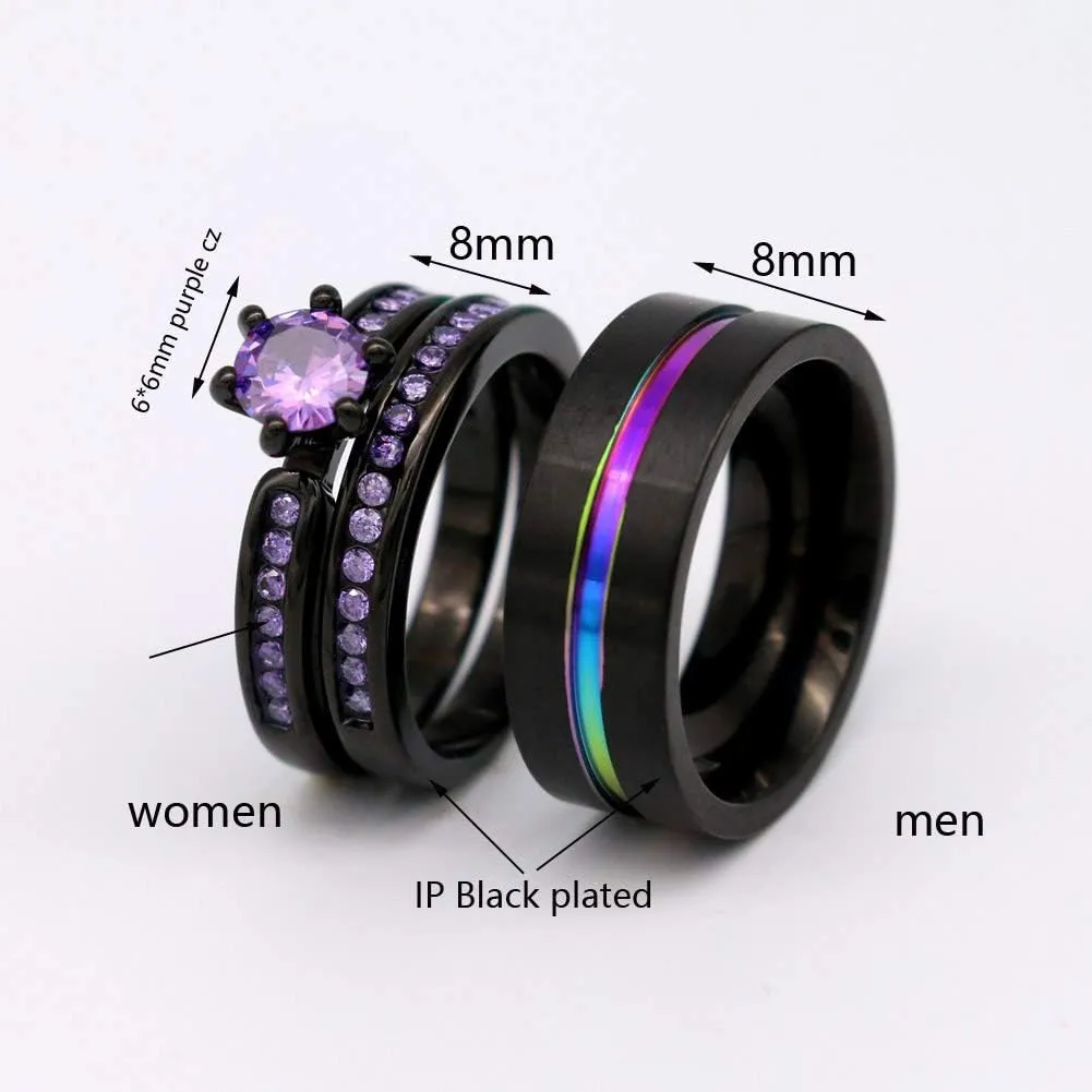 Couple Rings Black Plated Purple Cz Womens Wedding Ring Sets Tungsten Mens Wedding Band (Please Buy 2 Rings for 1 Pair)